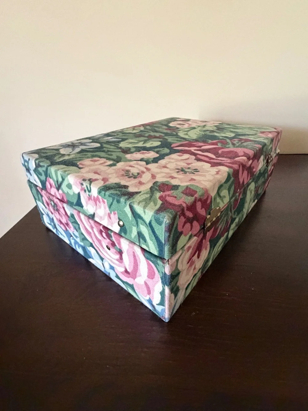 Vintage 80s Floral Fabric Two Tier Jewelry Box Case w/Mirror 10.5